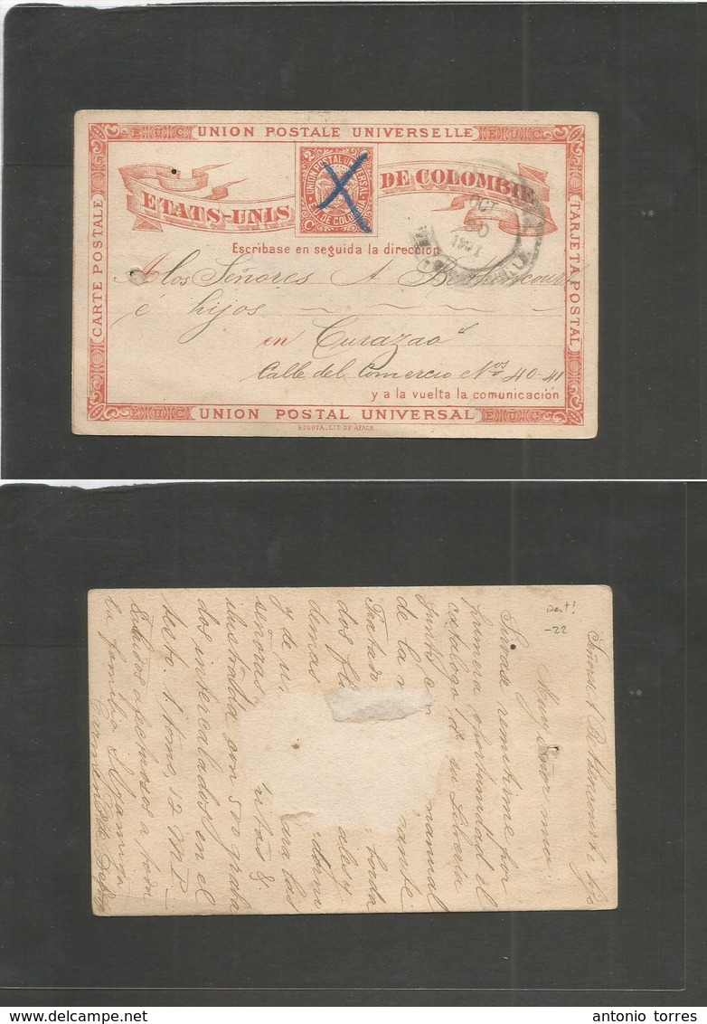 Colombia. 1891 (30 Oct) Barranquilla - CURAÇAO. 2c Red Stat Card, Per Cross + Cds. Better Rare Intercaribbean Destinatio - Colombie