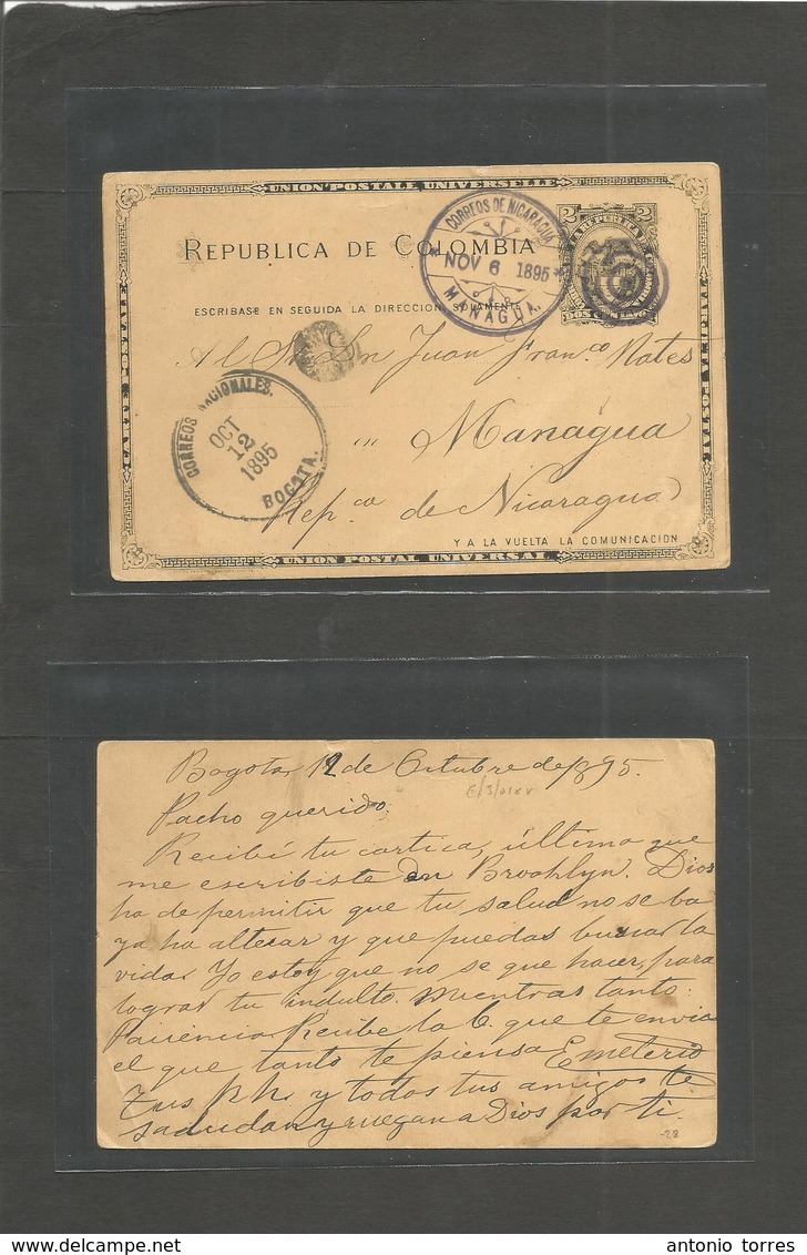 Colombia. 1895 (12 Oct) Bogota - Nicaragua, Managua (Nov 6) 2c Black / Beige Stationary Card. Fine Used With Arrival Cds - Colombie