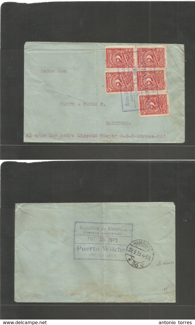 Colombia. 1923 (15 Ago) Puerto Wilches (Santander) - Germany, Hamburg (22 Sept) Multifkd Env 2c (x5) Violet Cachet. Fine - Colombie