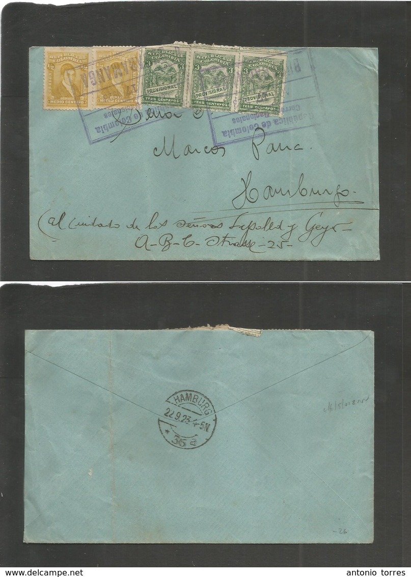 Colombia. 1923 (17 Ago) Bucamaranga - Germany, Hamburgo (22 Sept) Multifkd Env, Boxed Ds Cachet + Incl  Provisional Issu - Colombie