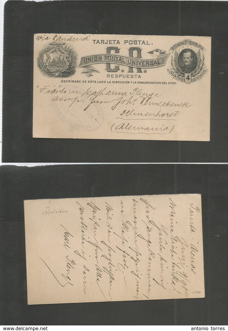 Costa Rica. 1890 (9 June) Punta Arenas - Germany, Delmenhorst. 4c REPLY HALF Stat Card, Depart Oval Lilac Cachet. Via Pa - Costa Rica