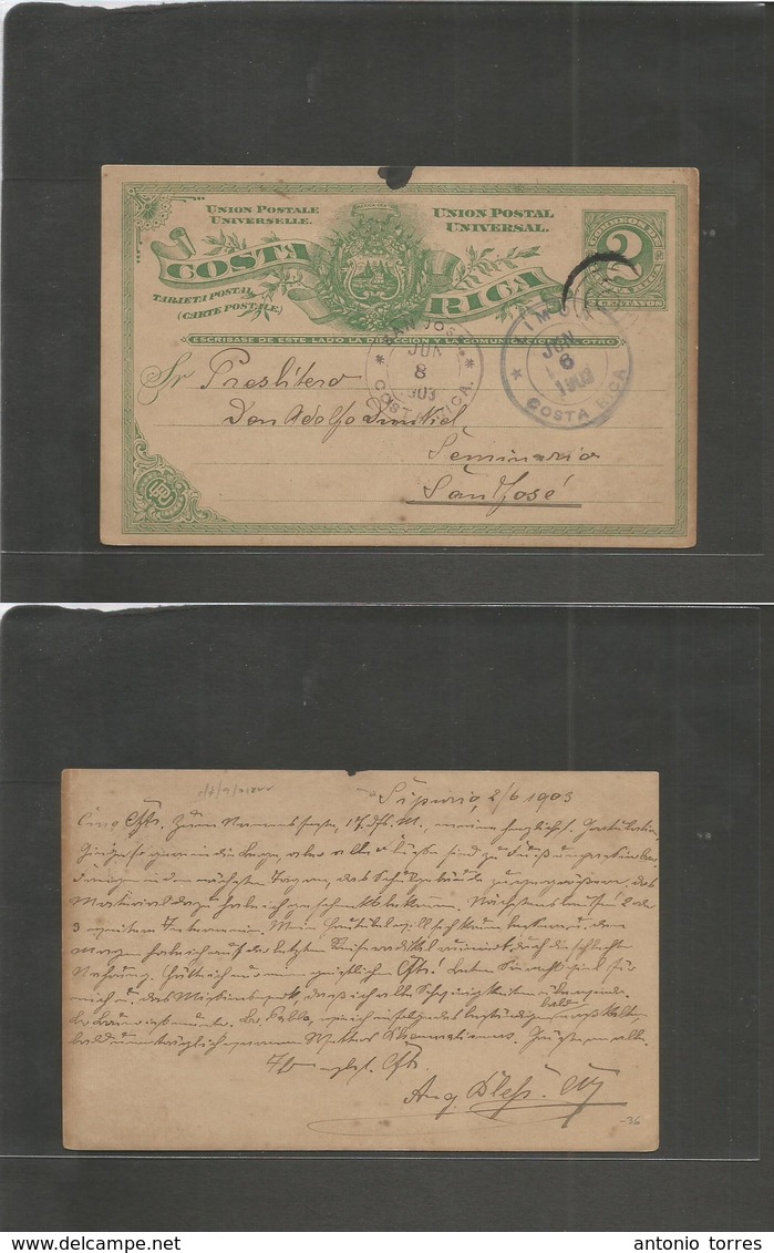 Costa Rica. 1903 (2 June) Sipnovio - San Jose (8 June). Addressed To Seminario. Via Livorn (6 June) 2c Green Stat Card.  - Costa Rica