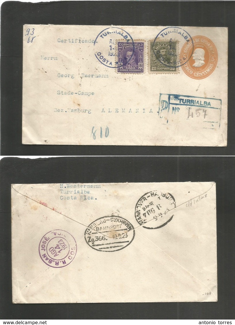 Costa Rica. 1923 (14 Aug) Turrialba - Germany, Sta De Campos (9-10 Sept) 5c Yellow Orange Stat Env + 2 Adtl On Registere - Costa Rica