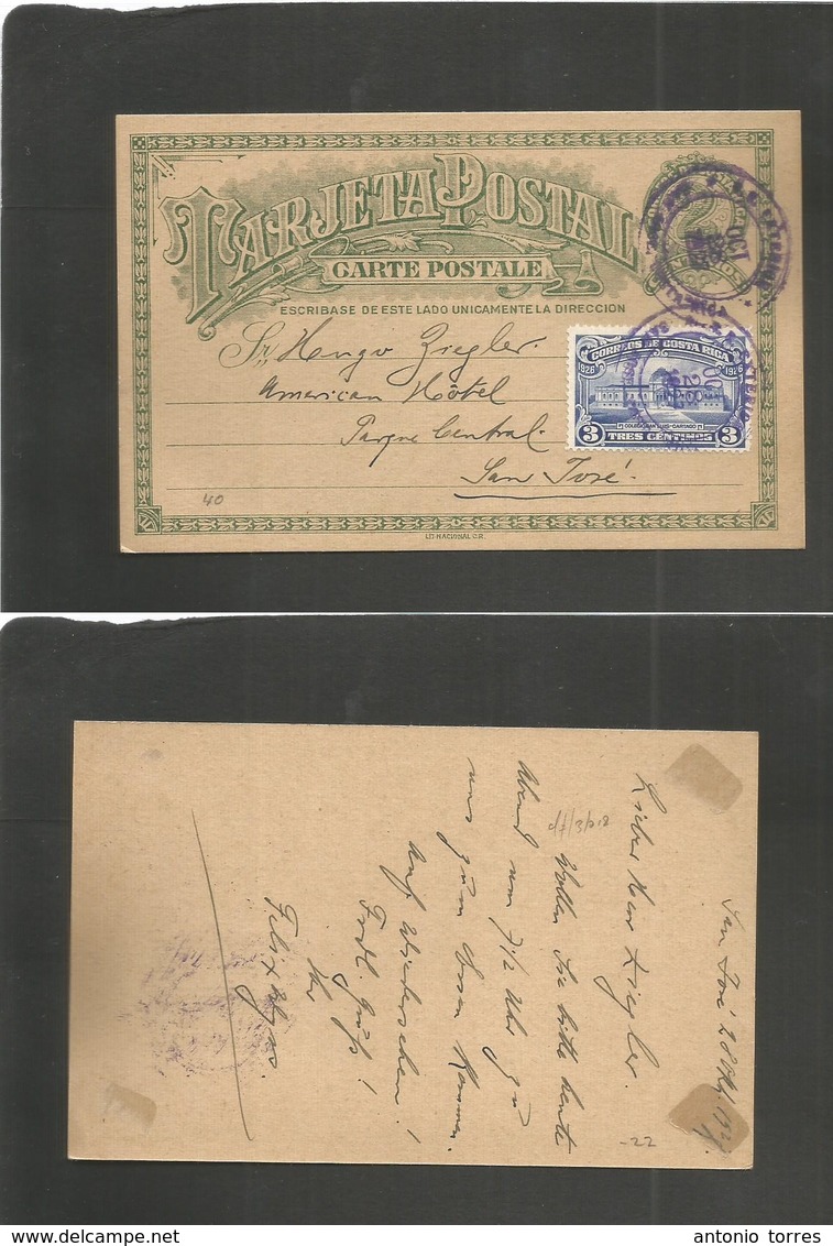 Costa Rica. 1927 (28 Oct) San Jose Local Stat Card 2c Blue Usage + 3c Blue Adtl, Tied Cds. Fine / Better. - Costa Rica