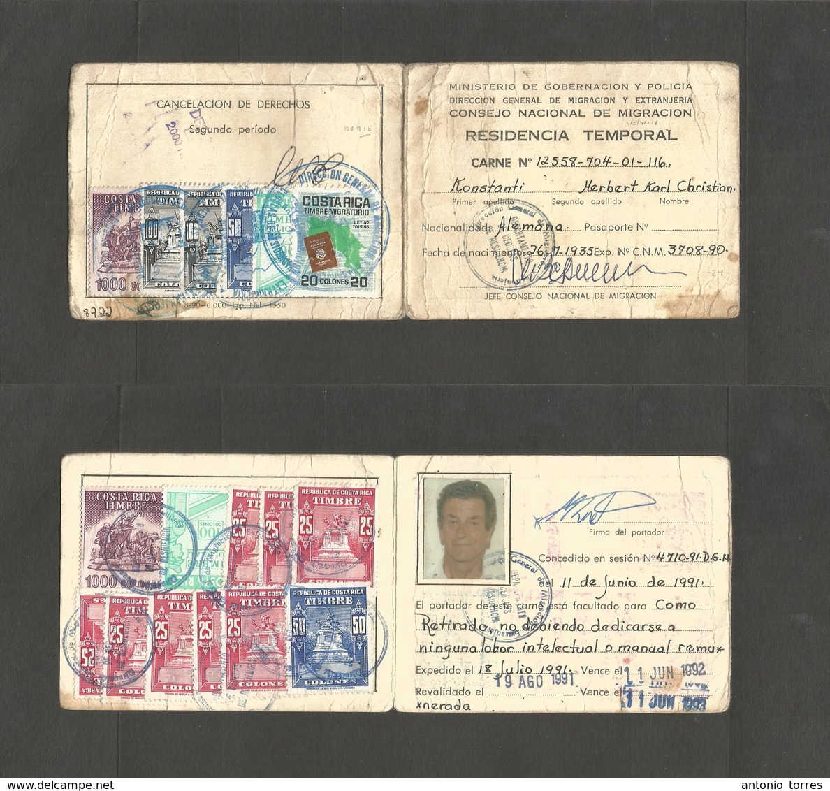 Costa Rica. 1985 Ley. 1991. Residence Card With Multiple Usage Of Fiscal Migratorio Stamps (outside And Inside) Several  - Costa Rica