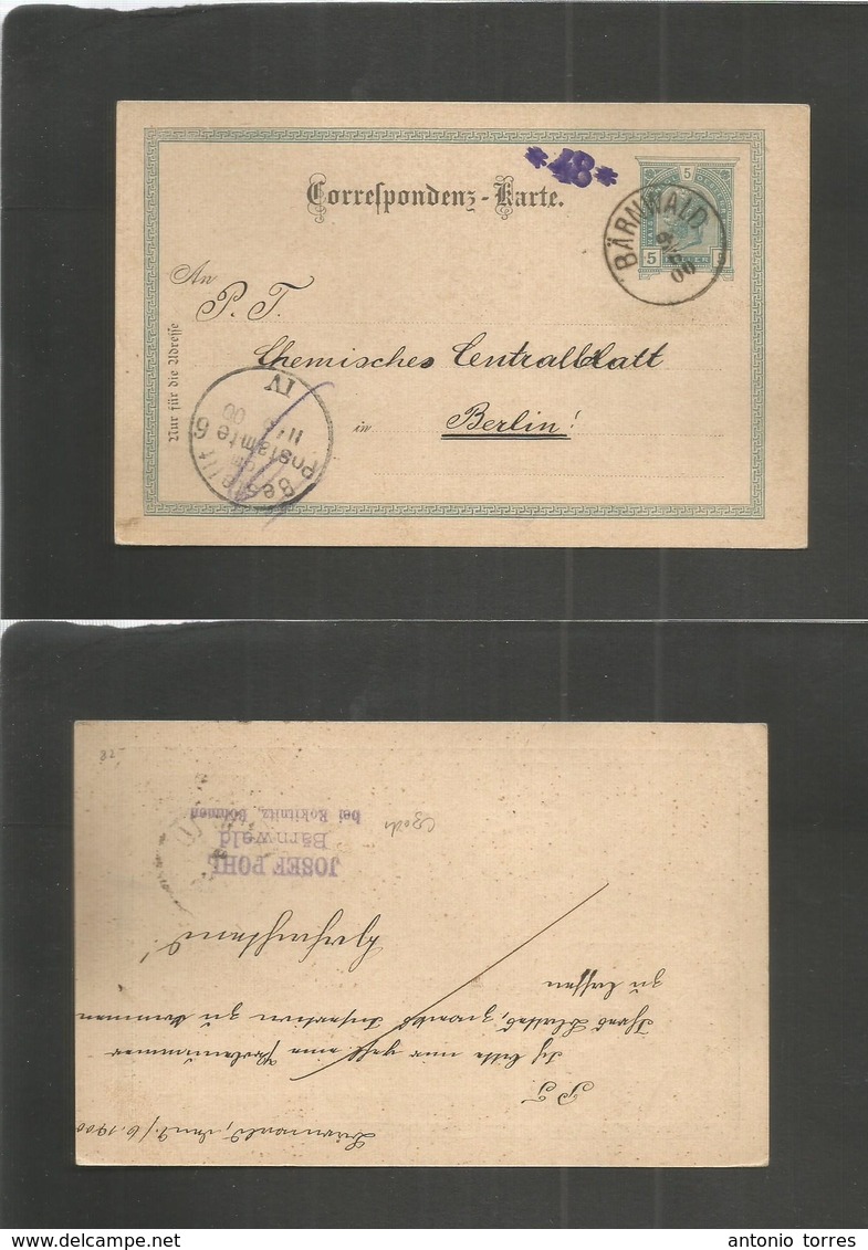 Czechoslovakia. 1900 (9 June) Barnwald, Rokitanitz, Bohemia - Germany, Berlin (11 June) 5h Green Stat Card. Fine Used Cd - Andere & Zonder Classificatie