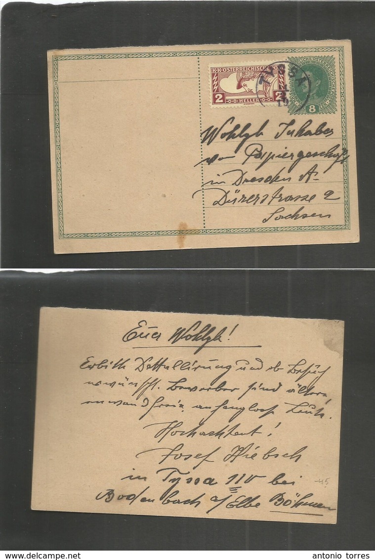 Czechoslovakia. 1919 (11 Feb) Tyssa, Bohemia - Germany, Sachsen, Dresden. 8h Green Stat Card + Adtl Cds (680 Hab Today)  - Autres & Non Classés