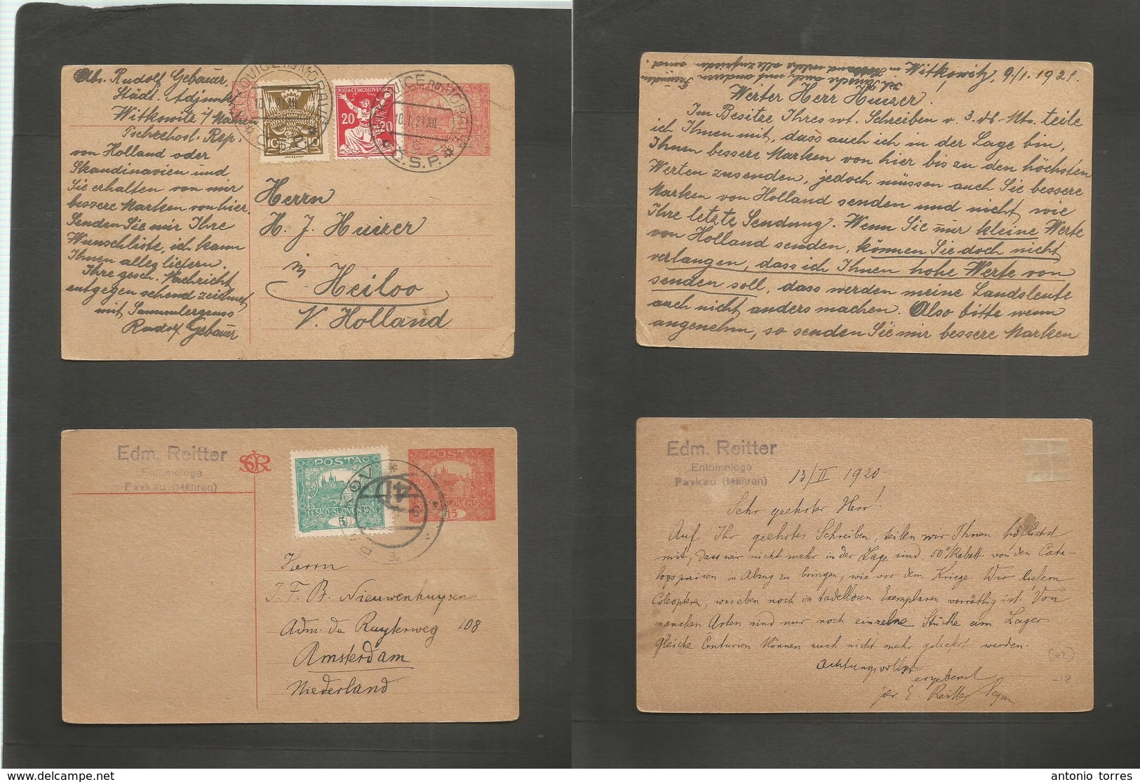 Czechoslovakia. 1920-1. Paskau + Witkowitg. 2 Multifkd Stationary 15 And 20c Red Cards To Netherlands. Scarce Dest + Nic - Autres & Non Classés