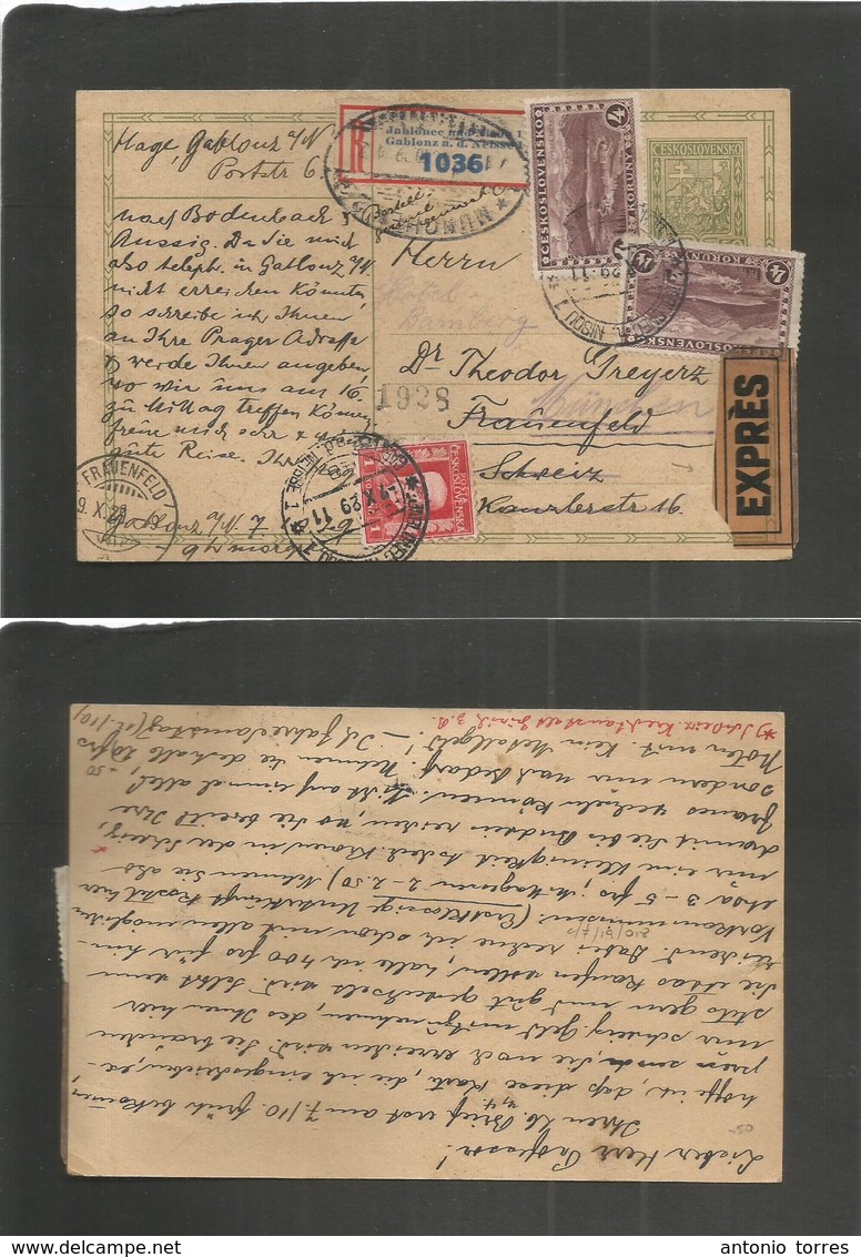 Czechoslovakia. 1929 (7 Oct) Gablonz - Switzerland, Franenfeld (9 Oct) Registered Express Mail Posted Service Stat Card  - Autres & Non Classés