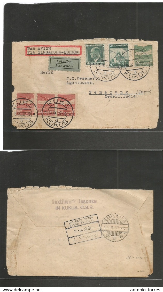 Czechoslovakia. 1937 (15 Sept) Kuks / Kukus - Dutch Indies, Indonesia, Semarang (24 Sept) Air Multifkd Env Via Singapore - Autres & Non Classés