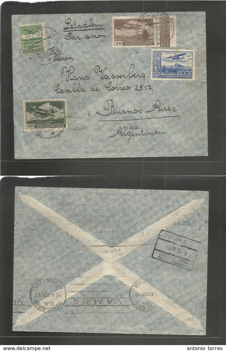 Czechoslovakia. 1938 (6 May) Bilovec - Argentina, Buenos Aires (13 April) Air Multifkd Envelope. VF Usage. Via Prague. - Autres & Non Classés