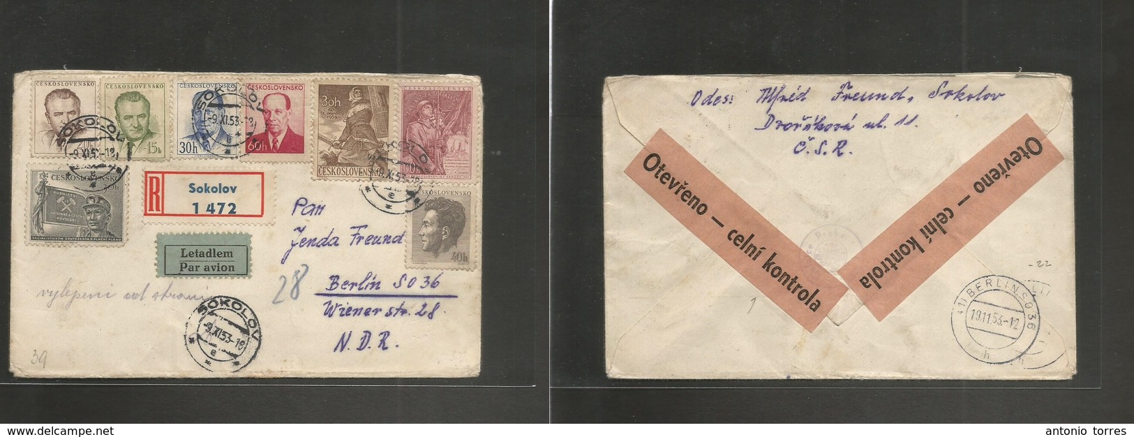 Czechoslovakia. 1953 (9 Sept) Sokolov - Germany, Berlin. East (19 Nov) Registered Multifkd Envelope. Fine Censored Label - Autres & Non Classés