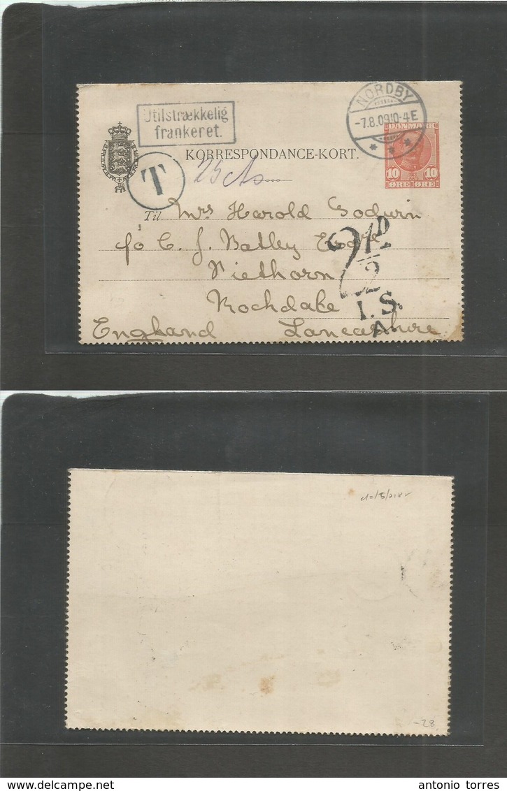 Denmark. 1909 (7 Aug) Nordby - UK, Rochdale, Lancashire. 10 Ore Red / Bluish Card Stat Lettersheet, Tax + Insuf + Aux Ca - Autres & Non Classés