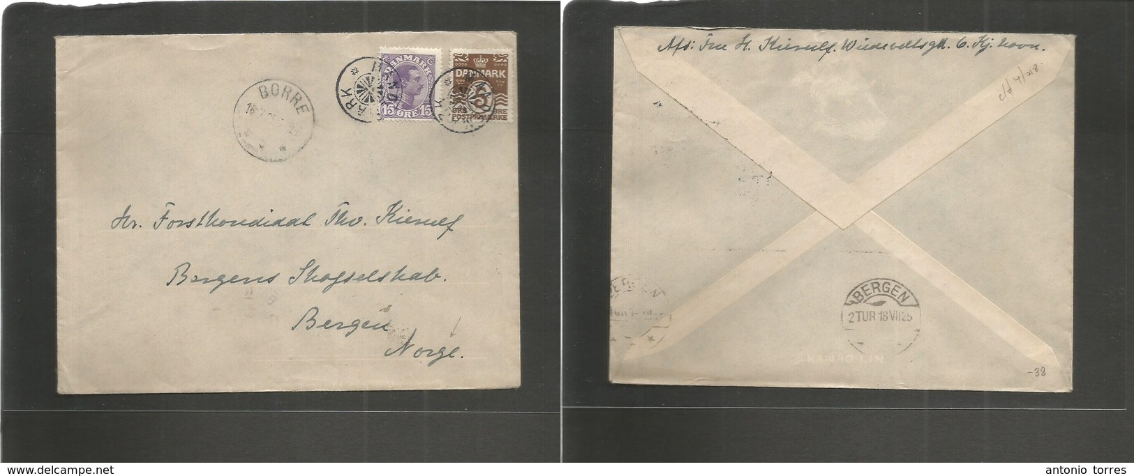 Denmark. 1925 (July) MANDEMARK - Norway, Bergen Via Borre (16 July) Fkd Env At 20 Ore Rate, Flemish Village Name. Nice C - Autres & Non Classés