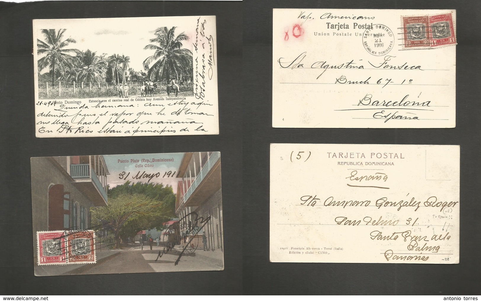 Dominican Rep. 1908-11. Santo Domingo And Puerto Plata. 2 Photo Early Fkd Ppcs To Spain, Barcelona. Scarce Destination. - Dominicaine (République)