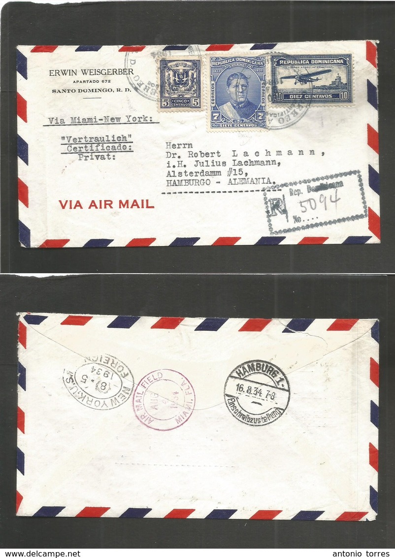 Dominican Rep. 1934 (Ago) Sto. Domingo - Germany, Hamburg (16 Aug) Via Miami - NYC. Registered Multifkd Env. Lovely Usag - Dominicaine (République)