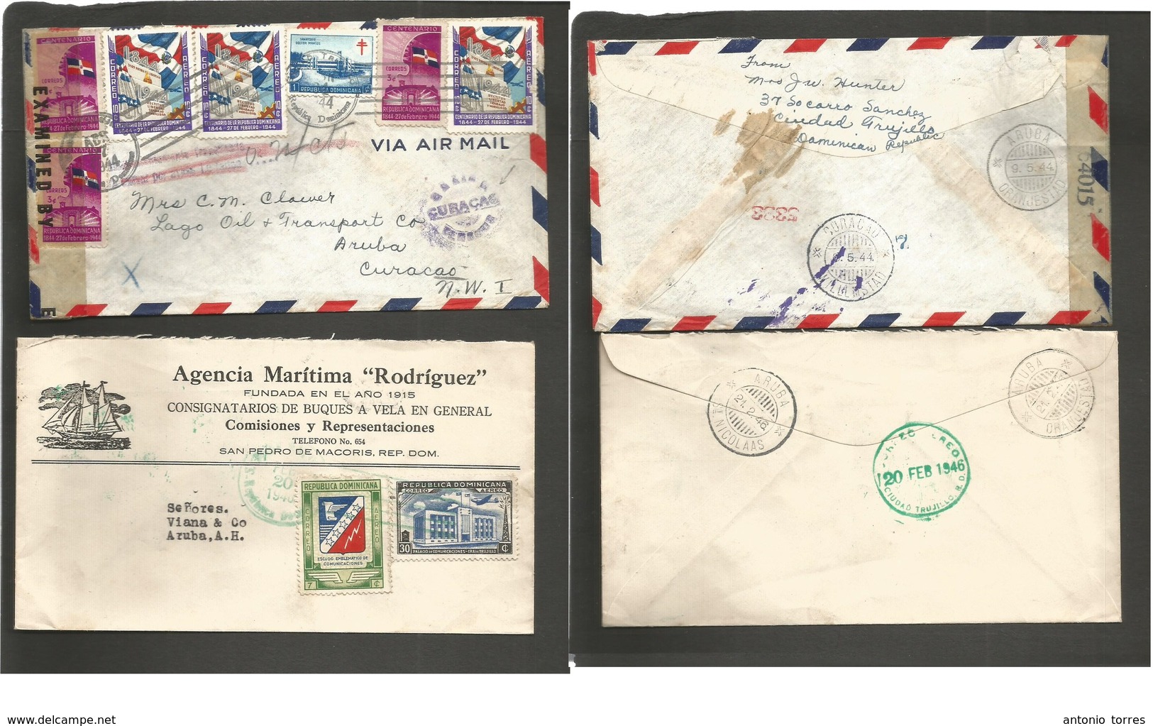 Dominican Rep. 1944-6. 2 Airmail Multifkd Flown Covers. One Dual Censored. Fine Duo + Rare Intercaribbean Connection Mai - Dominicaanse Republiek