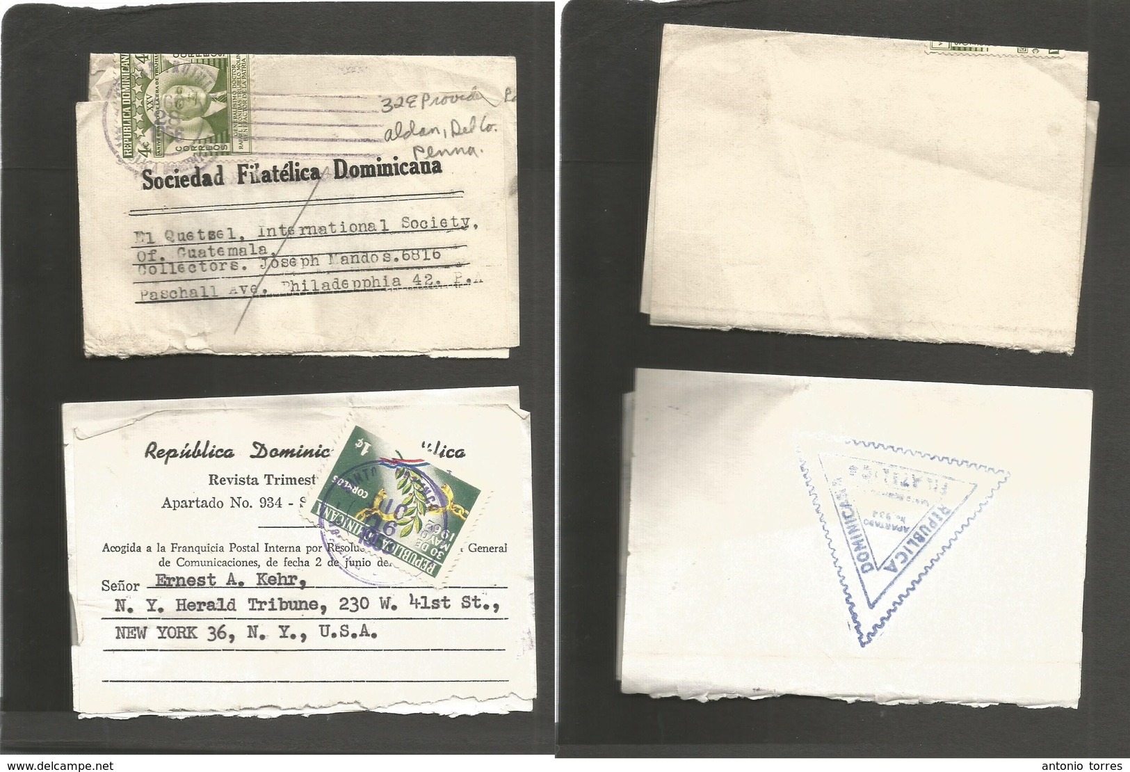 Dominican Rep. 1953-6. Santo Domingo And Ciudad Trujillo - USA, NYC 2 Complete Fkd Wrappers. Early Period Of This Philat - Dominicaine (République)