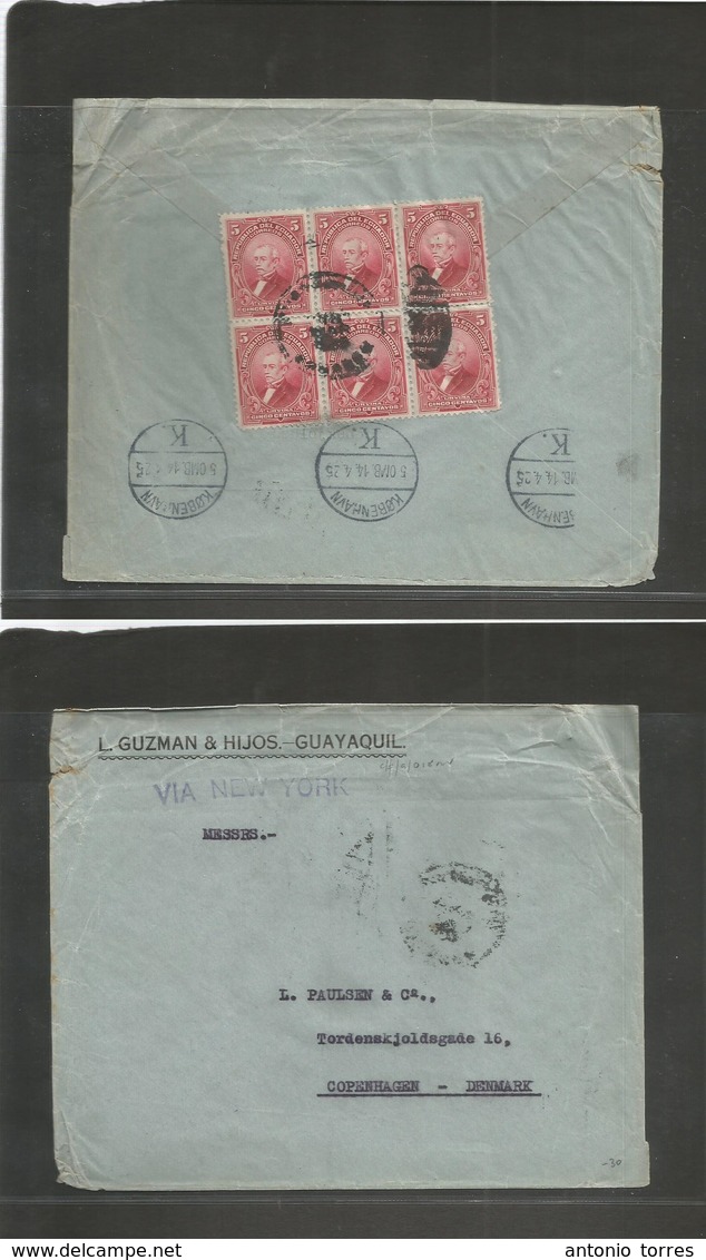 Ecuador. 1925 (March) Guayaquil - Denmark, Cph (14 April) Reverse Fkd Full Envelope 5c Red Block Of Six Cds, Tied Arriva - Equateur