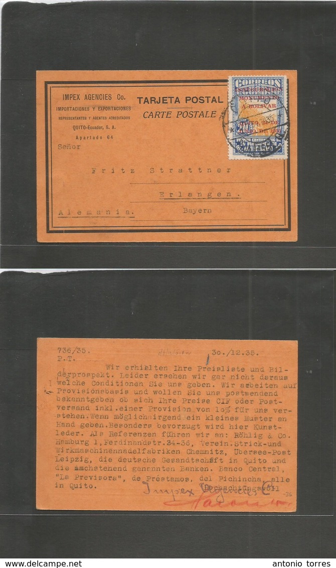 Ecuador. 1935 (30 Dec) Quito - Germany, Erlangen. Private Card Impex Agencies, Fkd Single 20c. Monumento Bolivar Ovptd I - Equateur