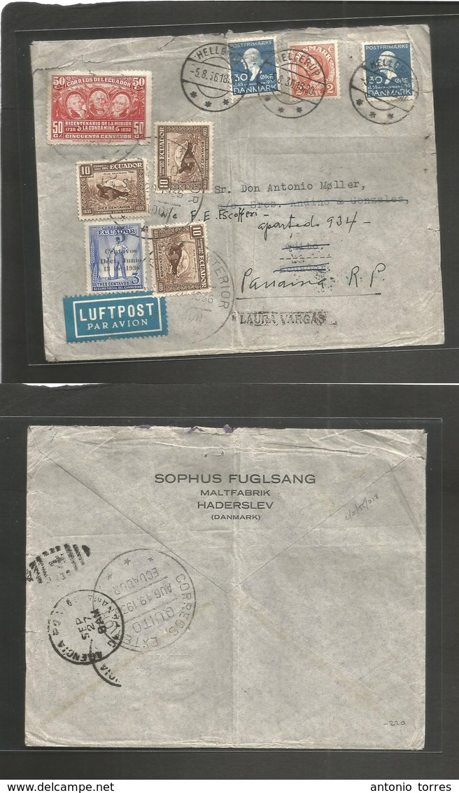 Ecuador. 1936 (5 Aug) Denmark, Hellerup - QUITO, Forward To Panama, RP (Sept 27) "Laura Vargas SS". Air Multifkd Envelop - Equateur