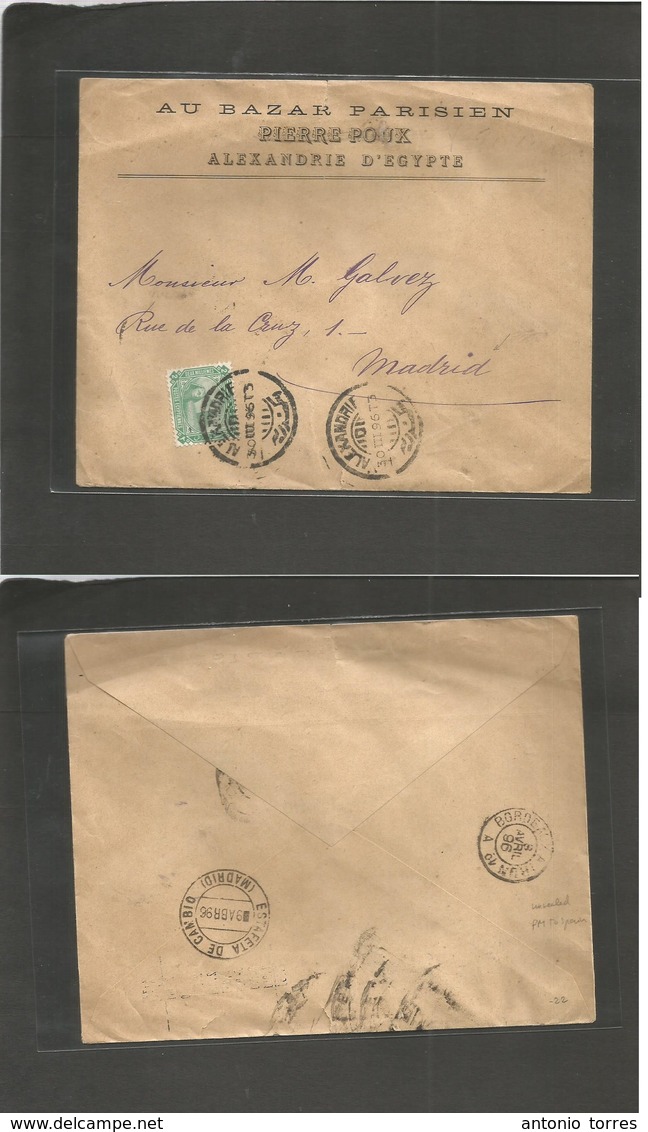 Egypt. 1896 (30 March) Alexandria - Spain, Madrid (9 April) PM Rate Unsealed Fkd Envelope. 2 Ms Green, Cds. Via Bordeaux - Autres & Non Classés