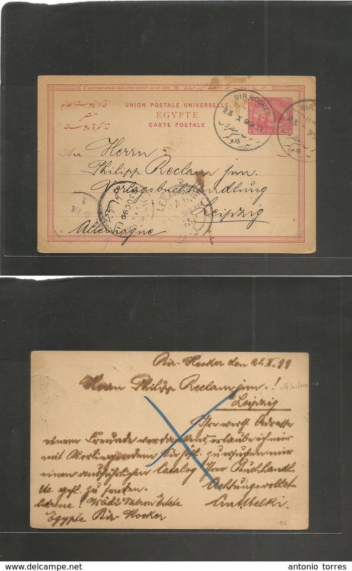 Egypt. 1899 (21 Oct) Bir Hooker - Germany, Leipzig. Via Alexandria 4 Mils Red Stat Card. VF Cachet. - Autres & Non Classés