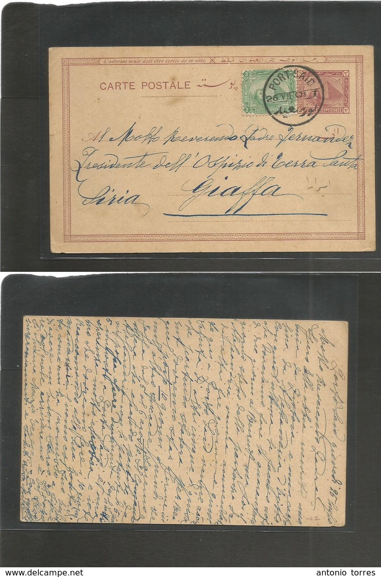 Egypt. 1901 (26 July) Port Said - Giaffa, Syria. 3ms Violet Stat Card + Adtl + Unusual Destination. - Andere & Zonder Classificatie