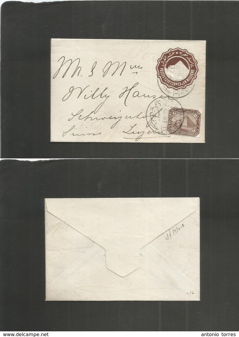 Egypt. 1907 (29 Dec) Cairo - Switzerland, Luzern. Unsealed 1 Mill Brown Stat Embossed Envelope + Adtl, Cds Fine. Very Fi - Autres & Non Classés