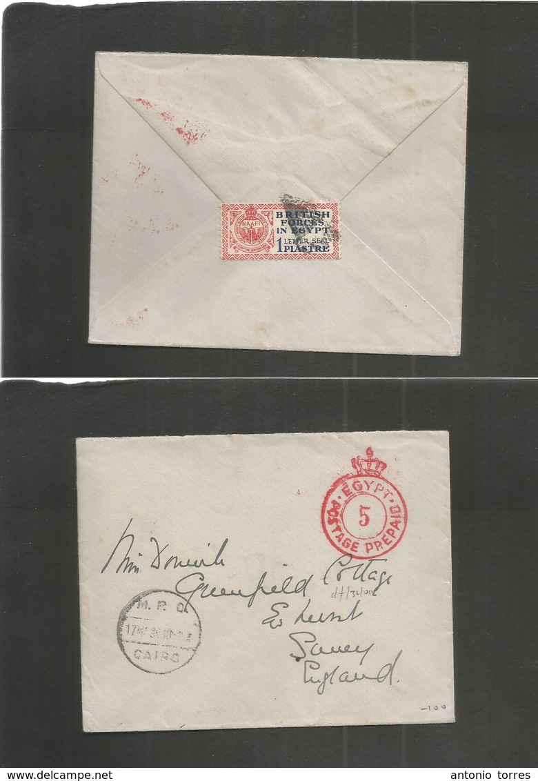 Egypt. 1934 (17 March) Cairo - UK, Greenfield. Red Egypt Postage Paid + Reverse Tied. "British Forces In Egypt 1 Piaste" - Autres & Non Classés