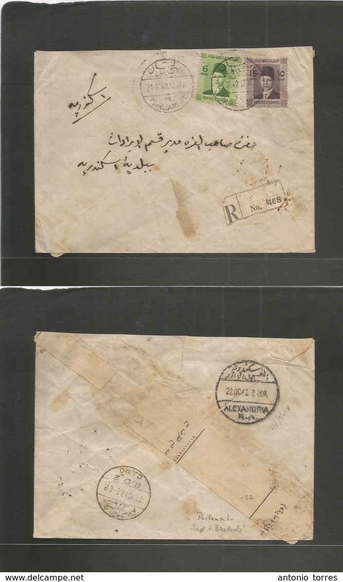 Egypt. 1942 (21 Oct) R- Parliament - Alexandria (22 Oct) Via Cairo. Local Registered + Reverse P.O. Seal, Tied, Fkd Enve - Autres & Non Classés