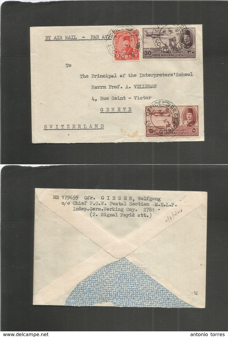 Egypt. 1948 ( May) POW. FPO 235 On Air Multifkd Env Usage To Switzerland, Geneve. Reverse POW MELF German Working (oy 27 - Other & Unclassified