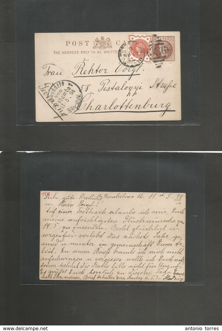 Eire. 1894 (May 11) Monlrstown, Dublin - Germany, Charlesttonburg (13 May) 1d Brown Stat Card + 1/2d Orange, Diamond "33 - Oblitérés