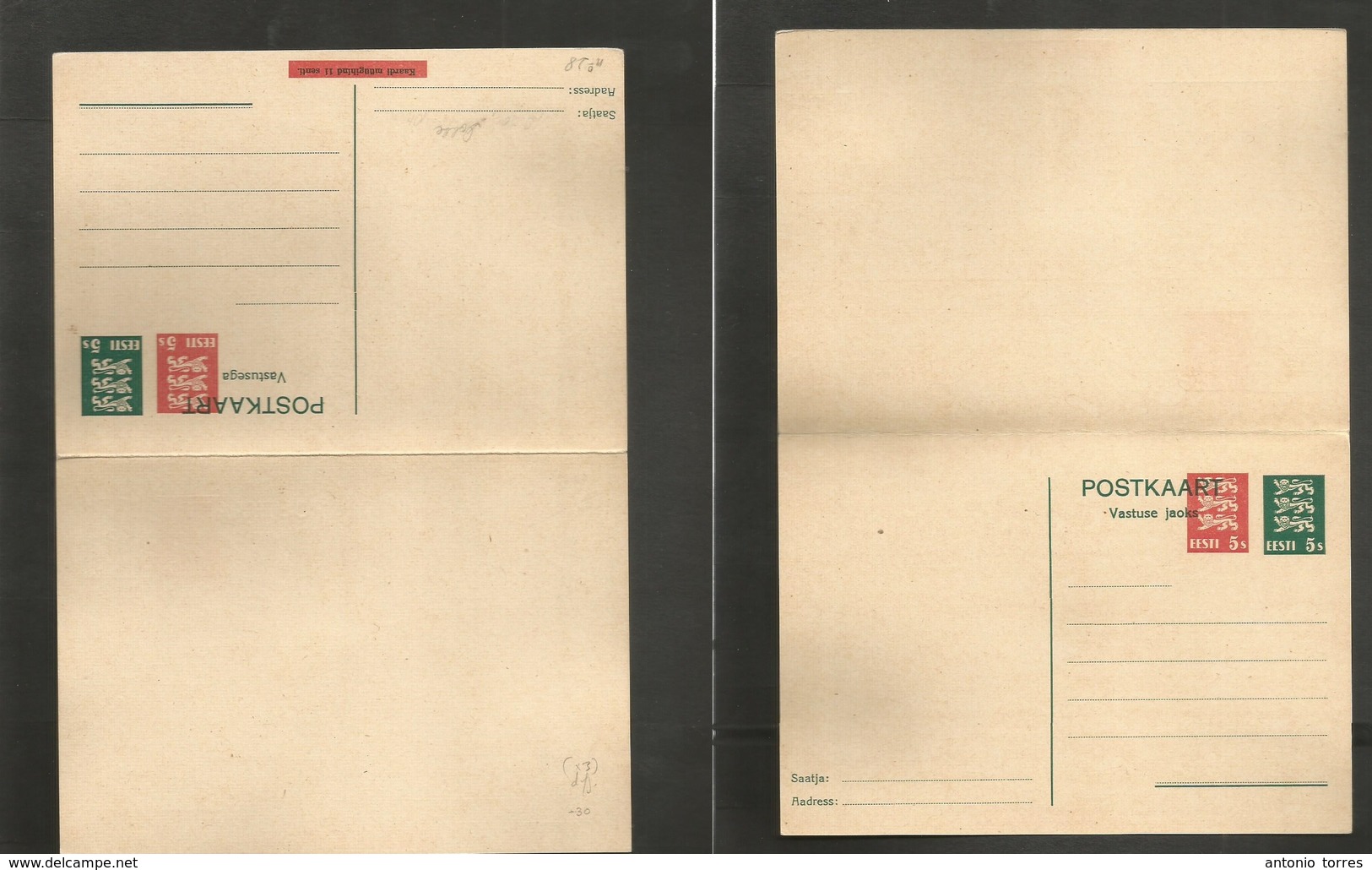 Estonia. C. 1940. 3 Diff Mint Stationaries / One Is Doble / 2 Diff Values On Same Card. Fine. - Estonie