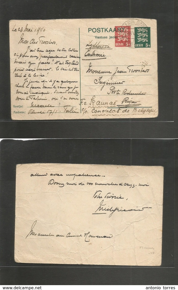 Estonia. 1940 (28 May) Tallinn - Riga, Letonia. 5s + 5s Vastuse Jaoks Stationary Card Used. C/o Kannas / Belgium Consula - Estland