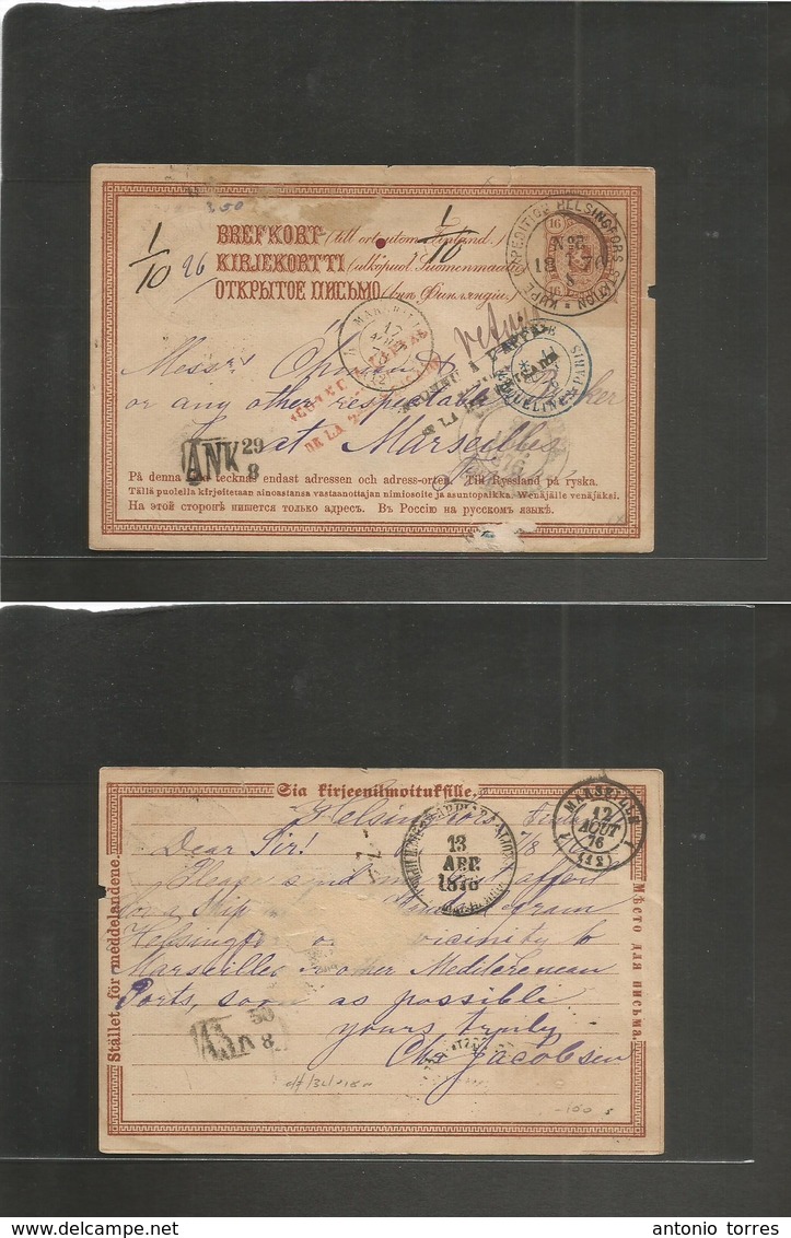 Finland. 1876 (7 Aug) Helsingfors - France, Marseille (17 Aug) 16 Penni Brown Stationary Card, Well Transited + 2 "retou - Otros & Sin Clasificación