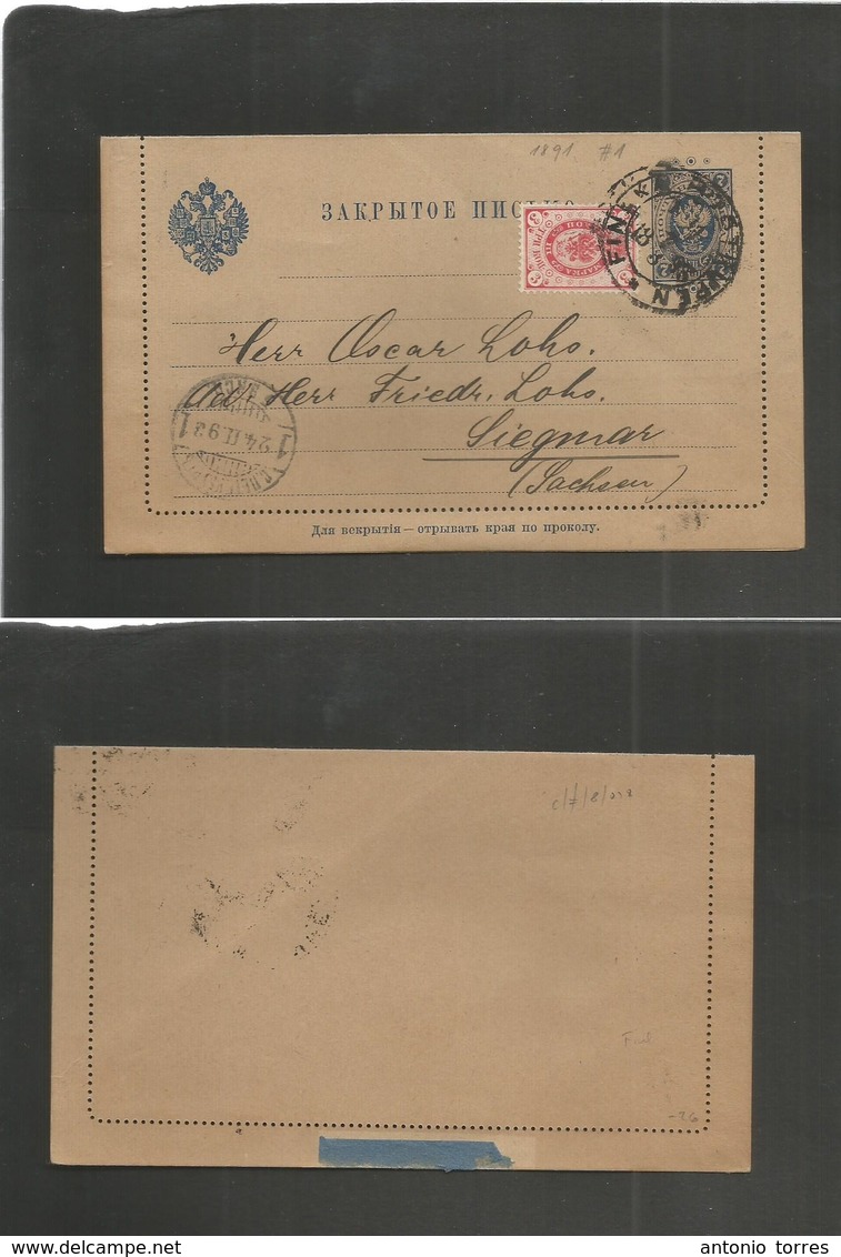 Finland. 1893 (21 Feb) Kupen, Finland Post. Russian Period - Germany, Sachsen, Siegmar (24 Feb) 7 Kop Bue Stat Lettershe - Andere & Zonder Classificatie