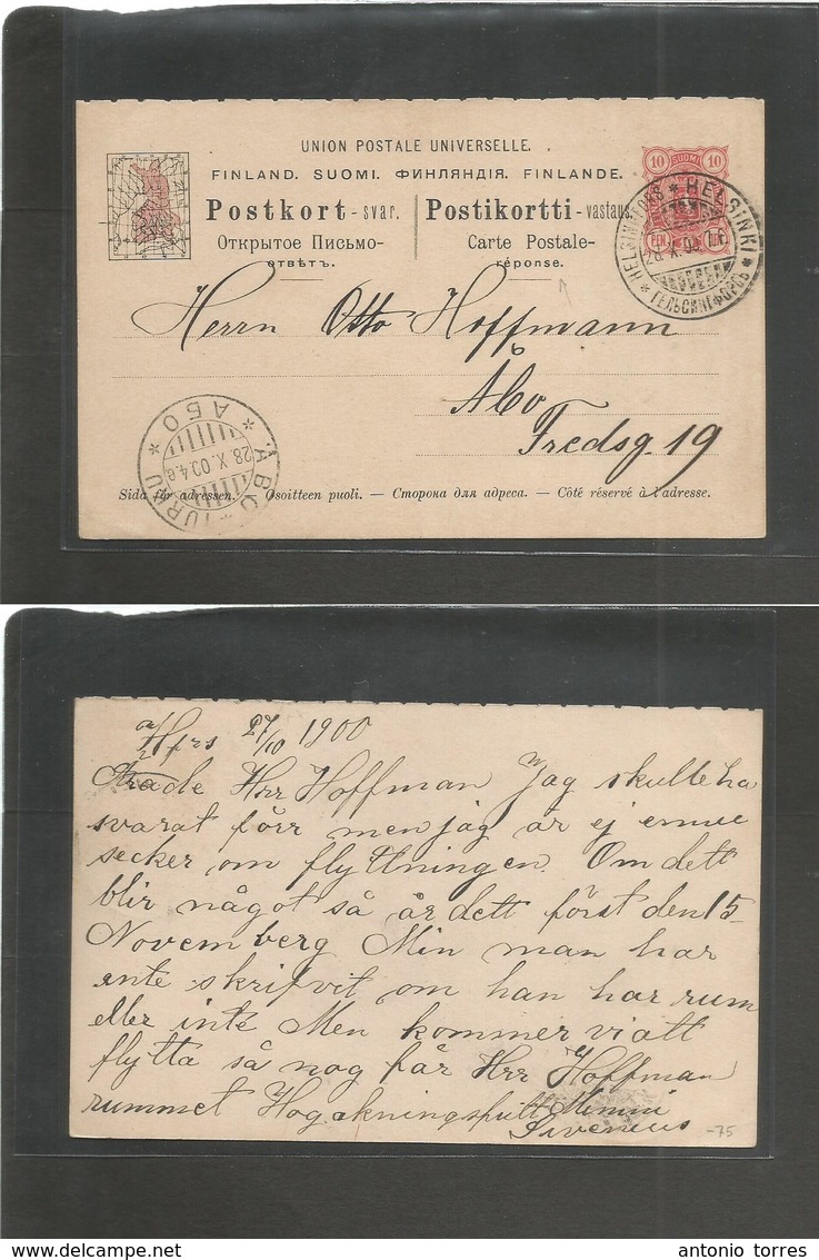 Finland. 1900 (27 Oct) Reply Half Stationary Card Proper Usage. Helsingfors - Abo (28 Oct) 10p Red Political Map Complet - Autres & Non Classés