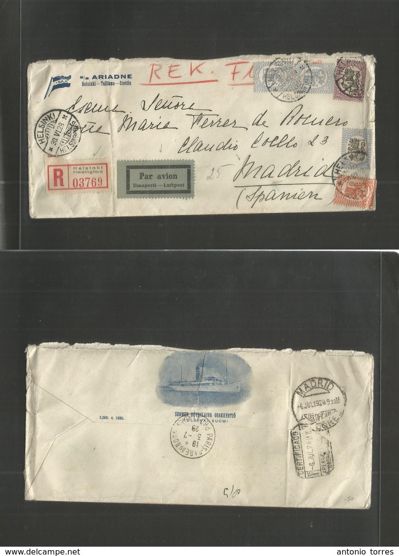 Finland. 1928 (30 June) Helsingors, Helsinki - Spain, Madrid (6 July) Via Paris (3 July) Registered Multifkd Envelope At - Autres & Non Classés