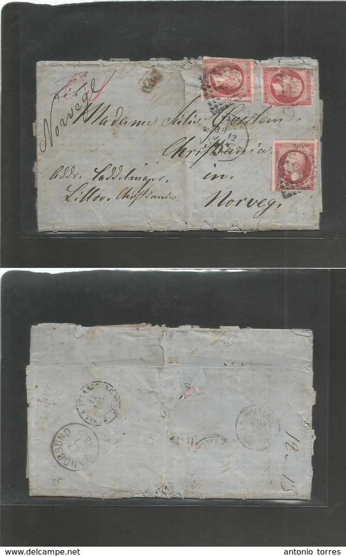 France. 1862 (12 July) Paris - Norway, Sandosund (17 July) EL Full Text Frd 80c (x3) Uneven Margin. Doble Letter Rate. O - Autres & Non Classés