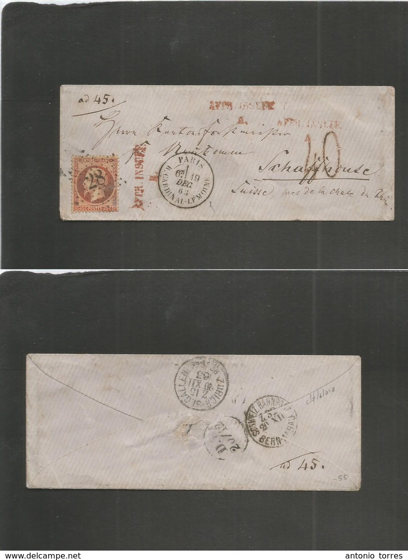 France. 1863 (19 Dec) Paris - Switzerland, Schaffhouse (20 Dec) Fkd Env At 40c Rate, Insuff + Taxed Cachet. Star "28" Ca - Autres & Non Classés