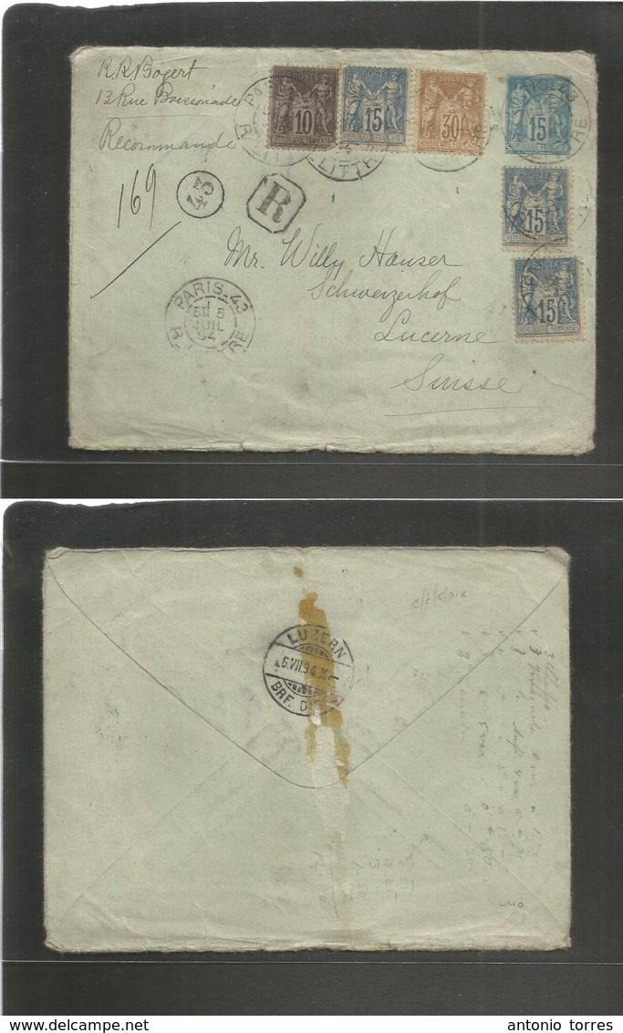 France. 1894 (5 July) Paris - Switzerland, Luzern (6 July) Registered Multifkd 15c Blue Sage Stat Env + 5 Adtls, Cds. - Autres & Non Classés