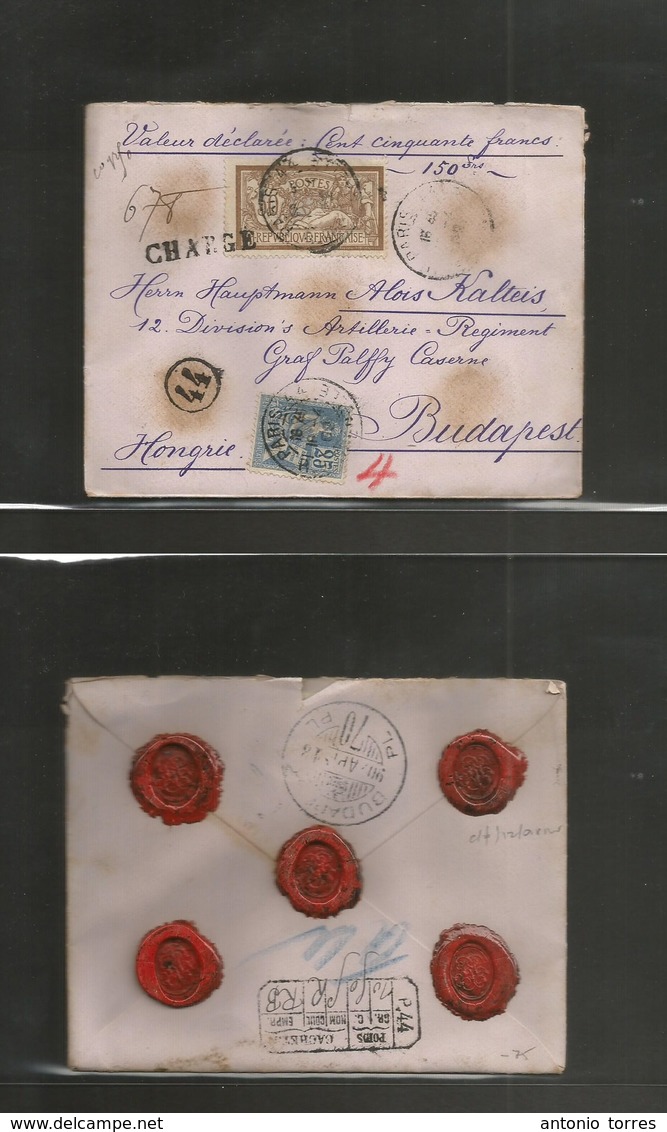 France - Xx. 1902 (16 April) Paris - Hungary, Budapest (18 April) Registered Insured Value 150 Frs. VF + 5 Red Wax Seals - Autres & Non Classés