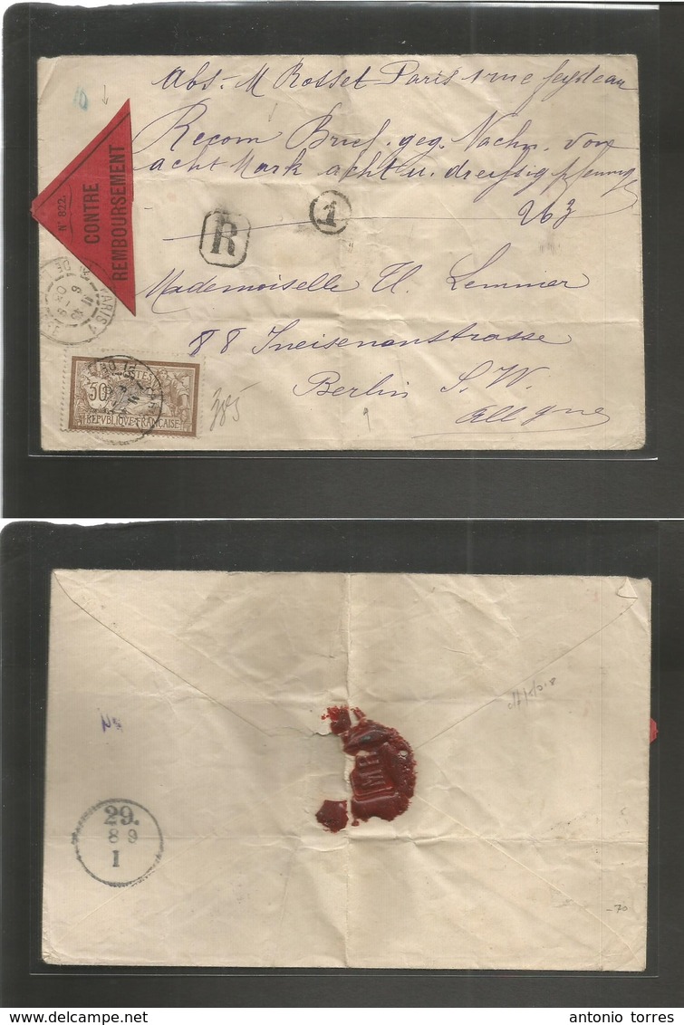 France - Xx. 1903 (6 Sept) Paris - Germany, Berlin (8 Sept) Registered Cash Reimboursement Single 50c Fkd Env + Red Spec - Autres & Non Classés