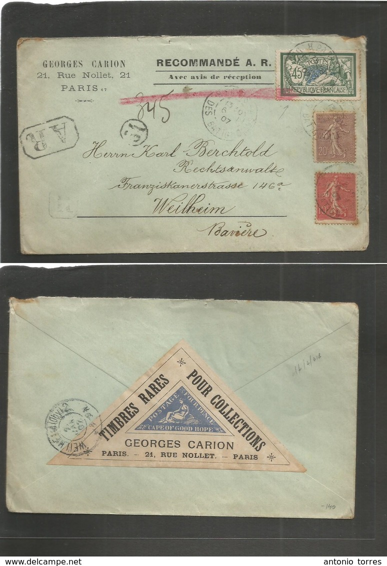 France - Xx. 1907 (6 Jan) Paris - Baviere, Weilheim, Germany. Registered AR Multifkd Envelope Incl Semense Early Issue,  - Autres & Non Classés