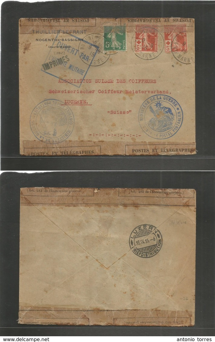 France - Xx. 1915 (9 Sept) Nogenten Bassigny - Switzerland, Luzern (15 Sept) WWI Censored + Red Cross Cacheted Usage. Ar - Autres & Non Classés