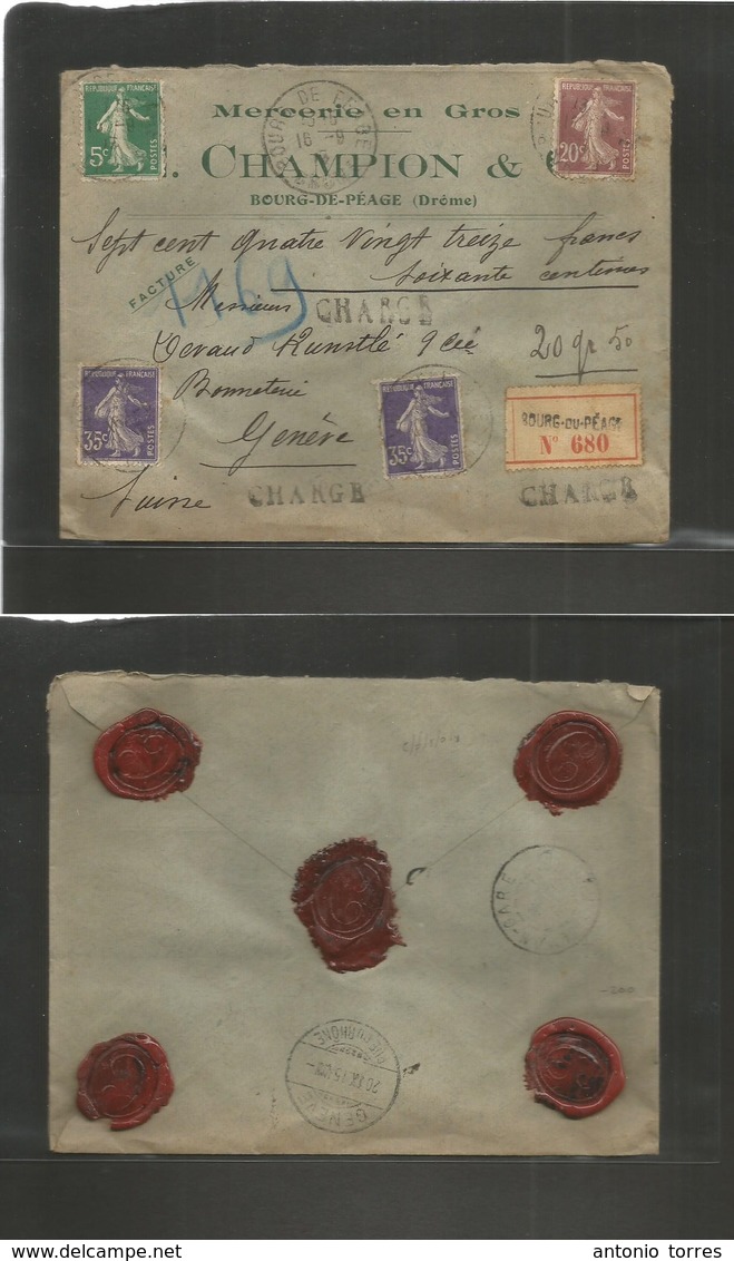 France - Xx. 1915 (16 Sept) Bourge De Peage - Switzerland, Geneve (20 Sept) Registered INSURED Multifkd Semeuse Envelope - Autres & Non Classés