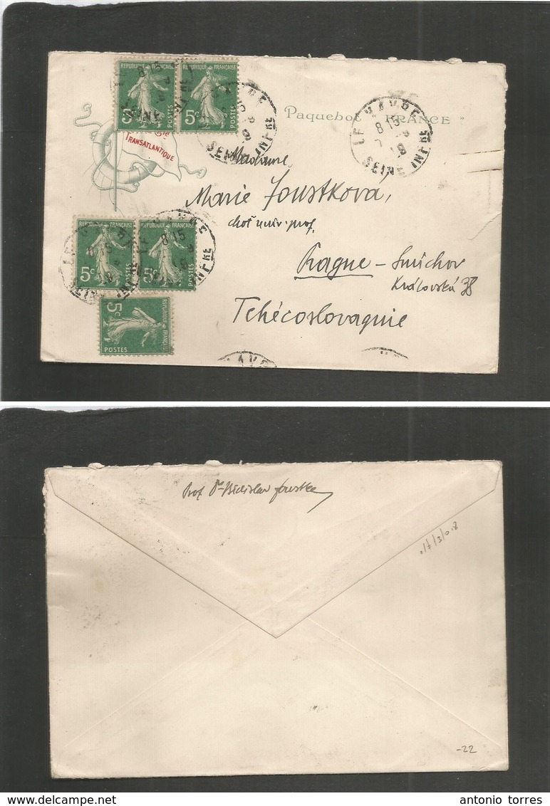 France - Xx. 1919 (7 Sept) Le Havre - Czechoslovakia, Prague. French Pqbot Envelope Semense Issue Multifkd Cds. VF. - Sonstige & Ohne Zuordnung