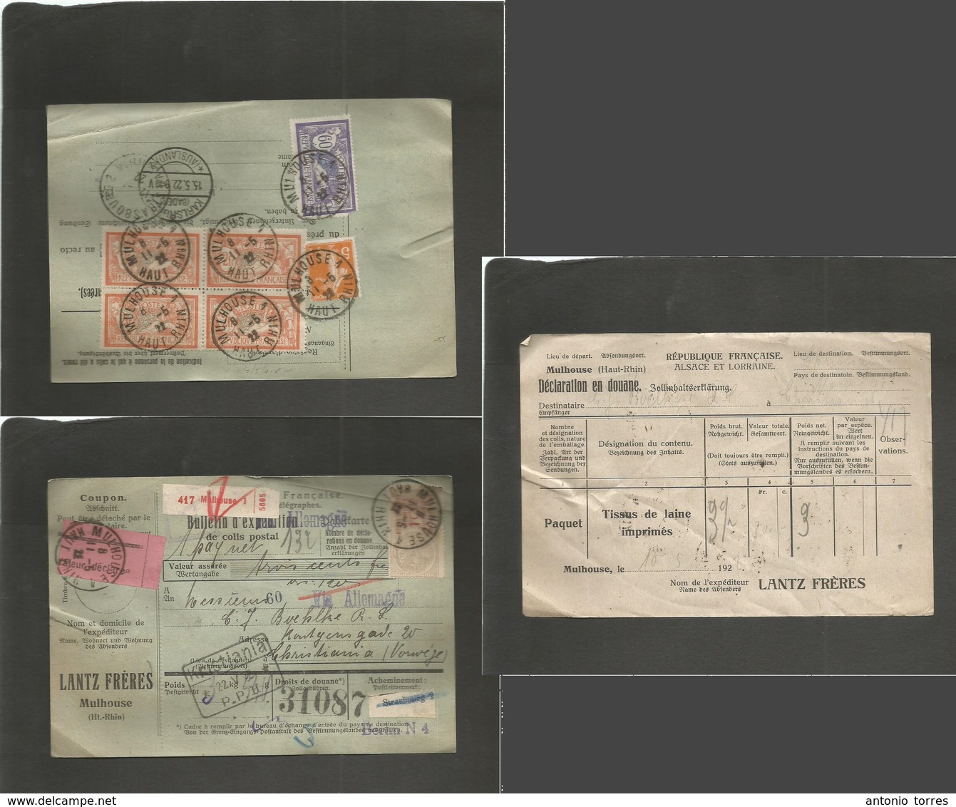 France - Xx. 1922 (19 Febr) Mulhouse, Haut Rhin - Norway, Kristiania (10 May) Registered Multifkd Front And Reverse Pack - Autres & Non Classés