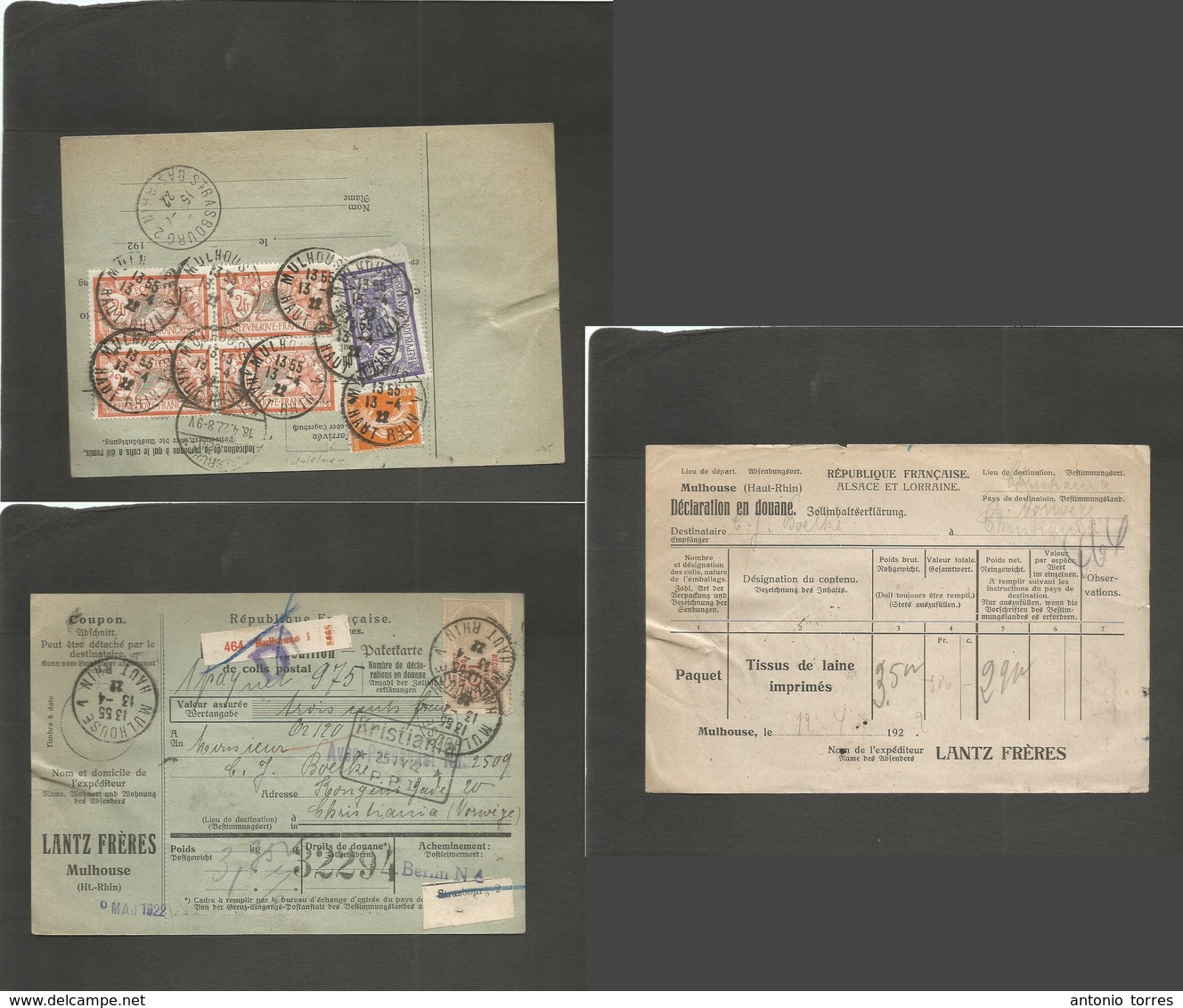 France - Xx. 1922 (13 Apr) Mulhouse, Rhin - Norway, Kristiania (25 Apr) Registered Postal Package Multifkd Receipt Incl  - Autres & Non Classés